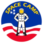 Logo for Space Camp - astronaut figure on a red, white, and blue background