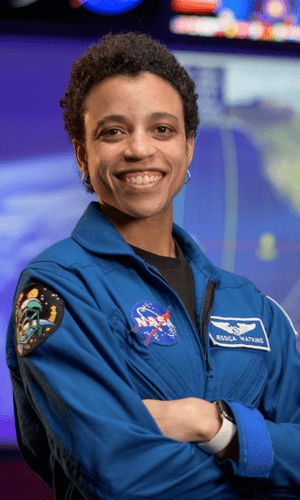 NASA Astronaut Jessica Watkins wearing a standard issue NASA blue flight suit