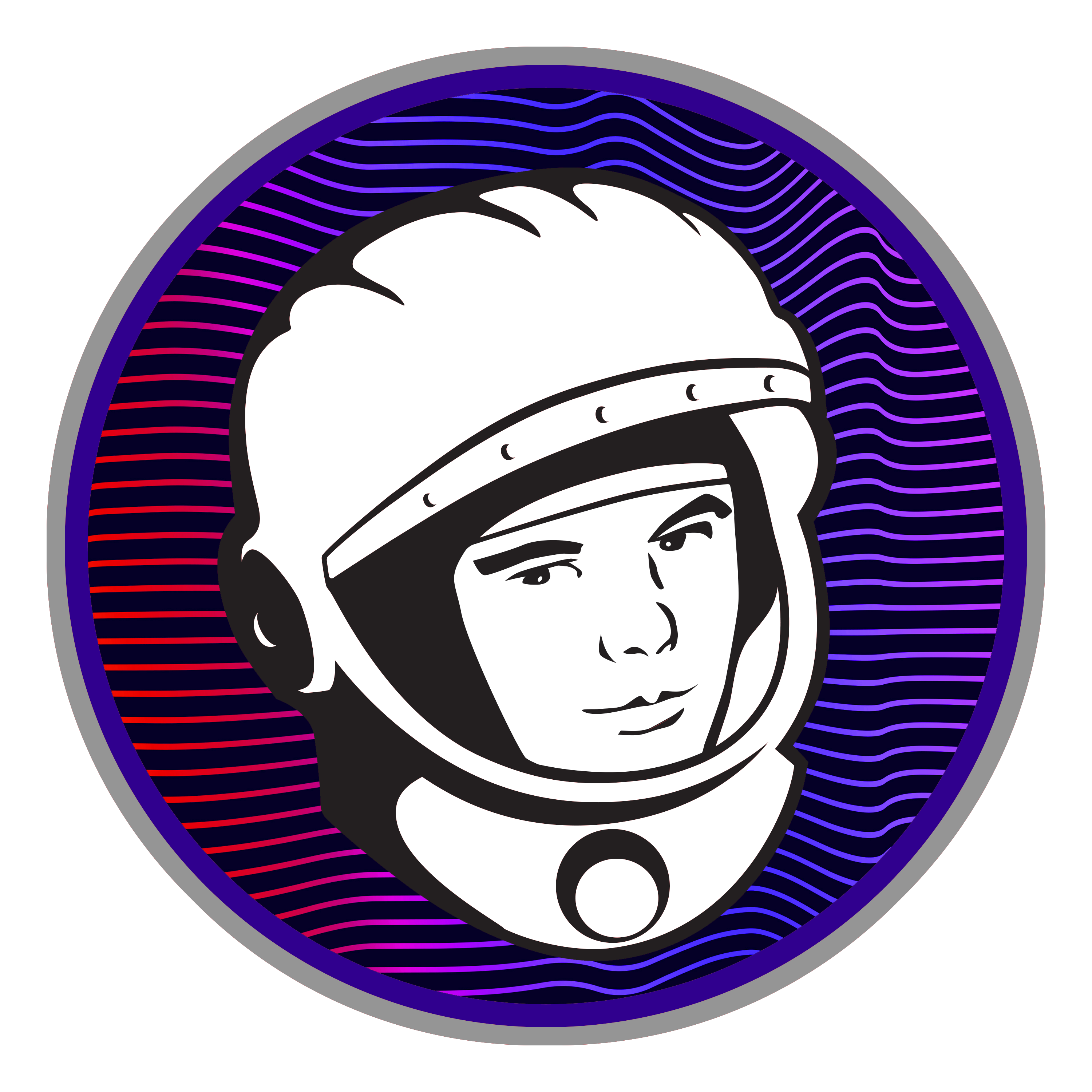 Silhouette of Yuri Gagarin wearing his CCCP helmet over a purple to red transition with black lines